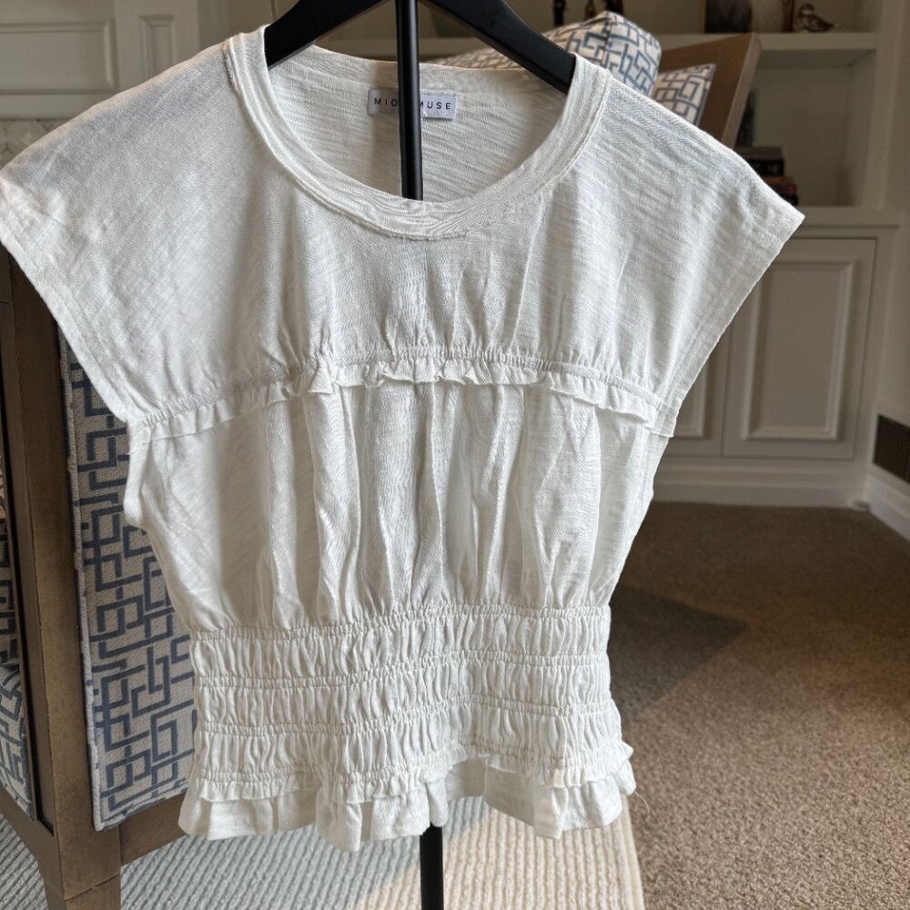 White Cotton TShirt with Elastic Waist & Detail - Picture 2 of 13